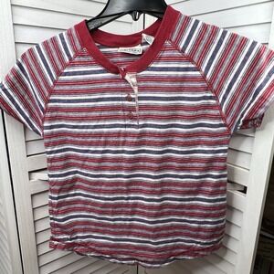Vtg Arizona Jean Co Juniors Striped Henley Tee Red White Blue Cotton Medium